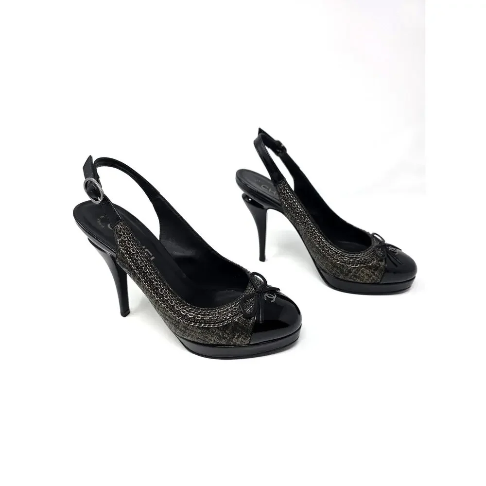 Chanel Slingback Platform Vintage Heels Cap Toe CC Logo Bow Chain Black 36.5 6